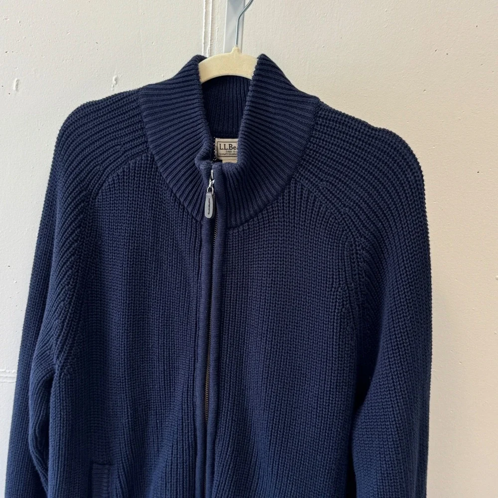 L.L. Bean Men's Large Navy Cotton Full Zip Shaker Knit Cardigan Sweater 298244